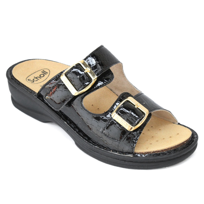 Scholl Mietta Buckle női bioprint csatos papucs fekete lakk  F31399-1004 07326